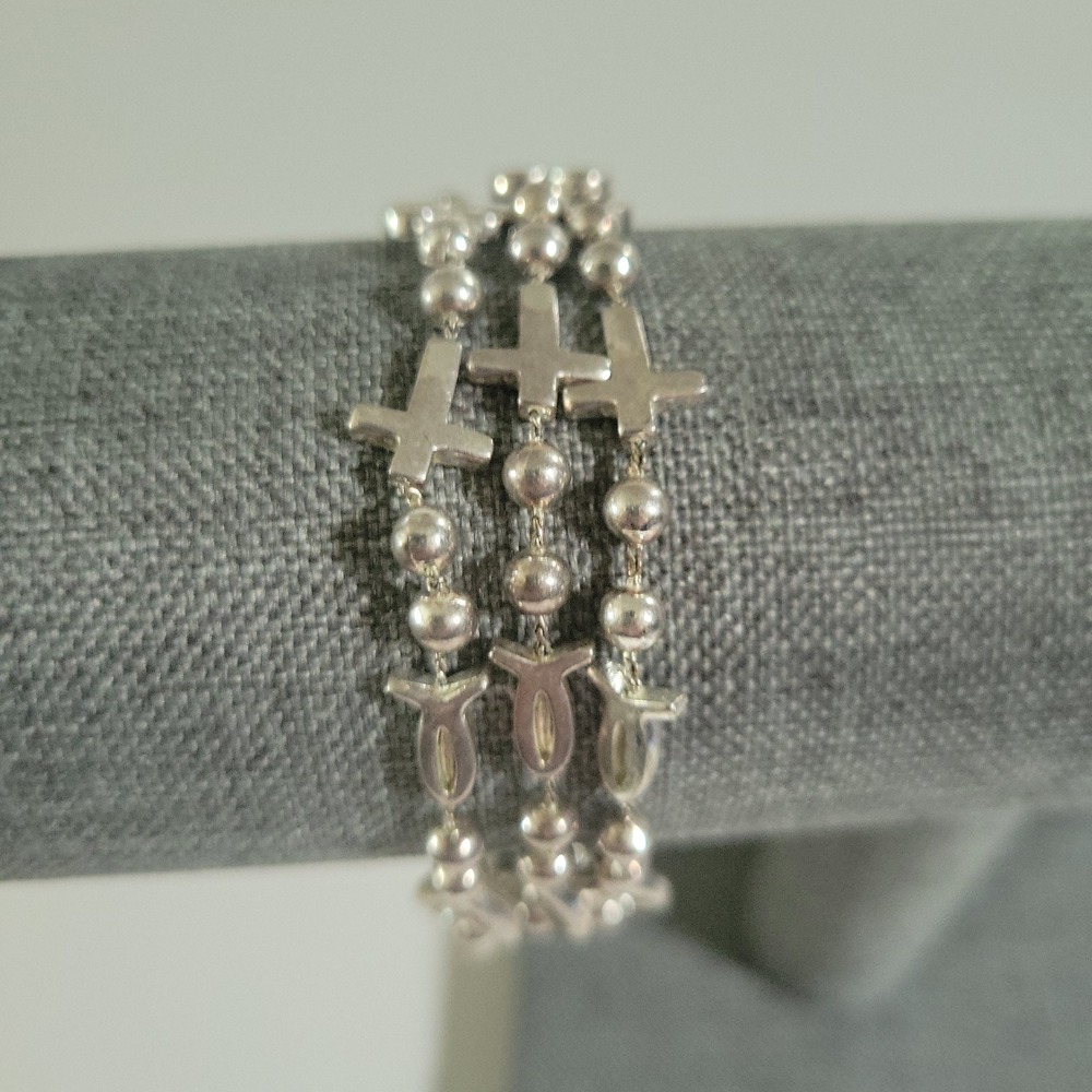 Premiere Designs Silver Multi Strand Cross Ichthys Heart Bracelet Size 7.25-8